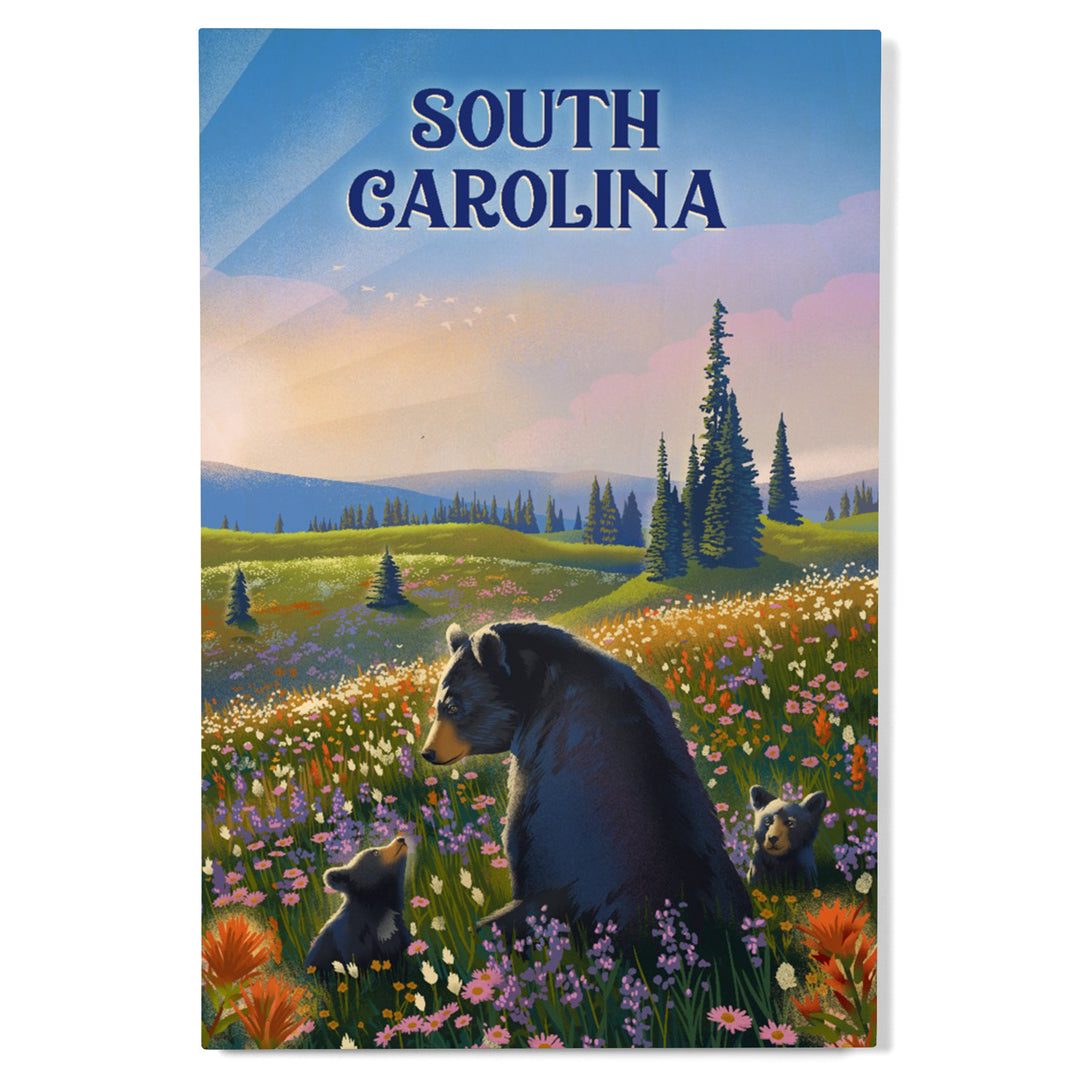 South Carolina, Lithograph, Bear Family in Field, Wood Signs and Postcards Wood Lantern Press