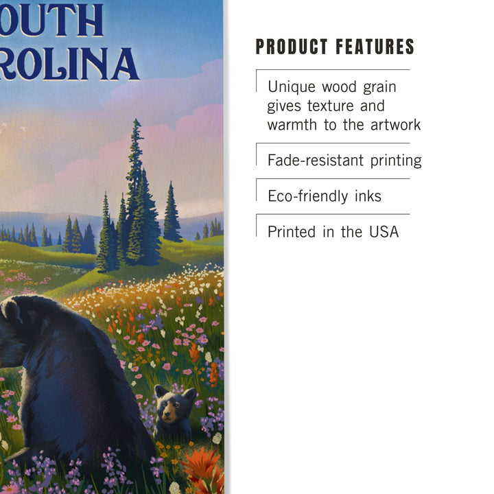 South Carolina, Lithograph, Bear Family in Field, Wood Signs and Postcards Wood Lantern Press