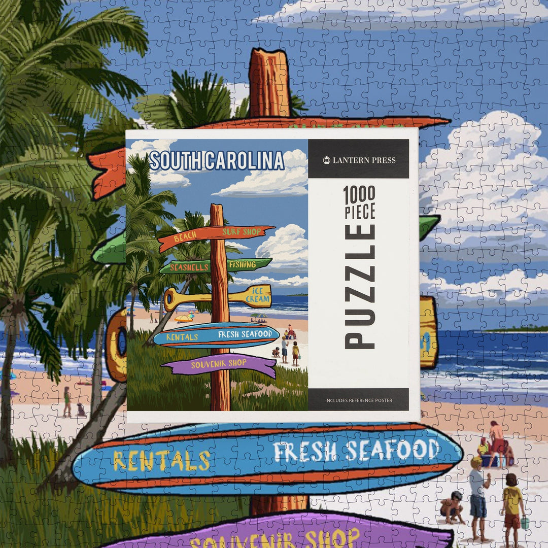 South Carolina, Signpost, Coast Beach with Palms, Jigsaw Puzzle Puzzle Lantern Press