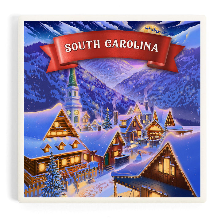 South Carolina, Sleepy Winter Christmas Village, Coasters Coasters Lantern Press Coaster