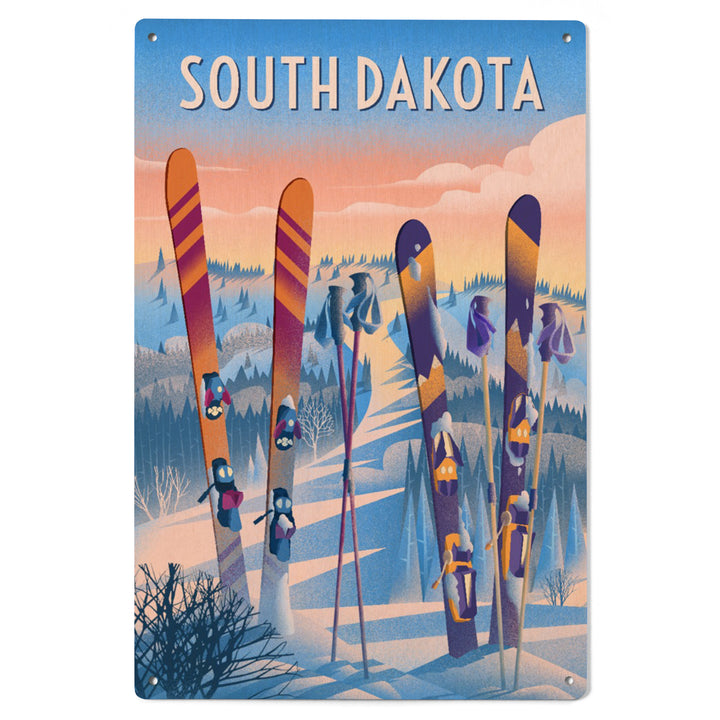South Dakota, Prepare for Takeoff, Skis in Snowbank, Wood Signs and Postcards Wood Lantern Press