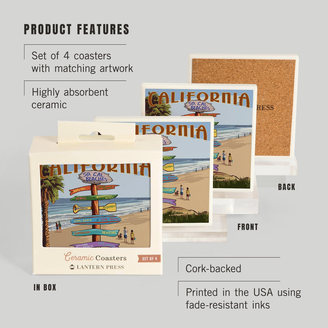 Southern California Beaches, Destinations Sign, Coasters Coasters Lantern Press