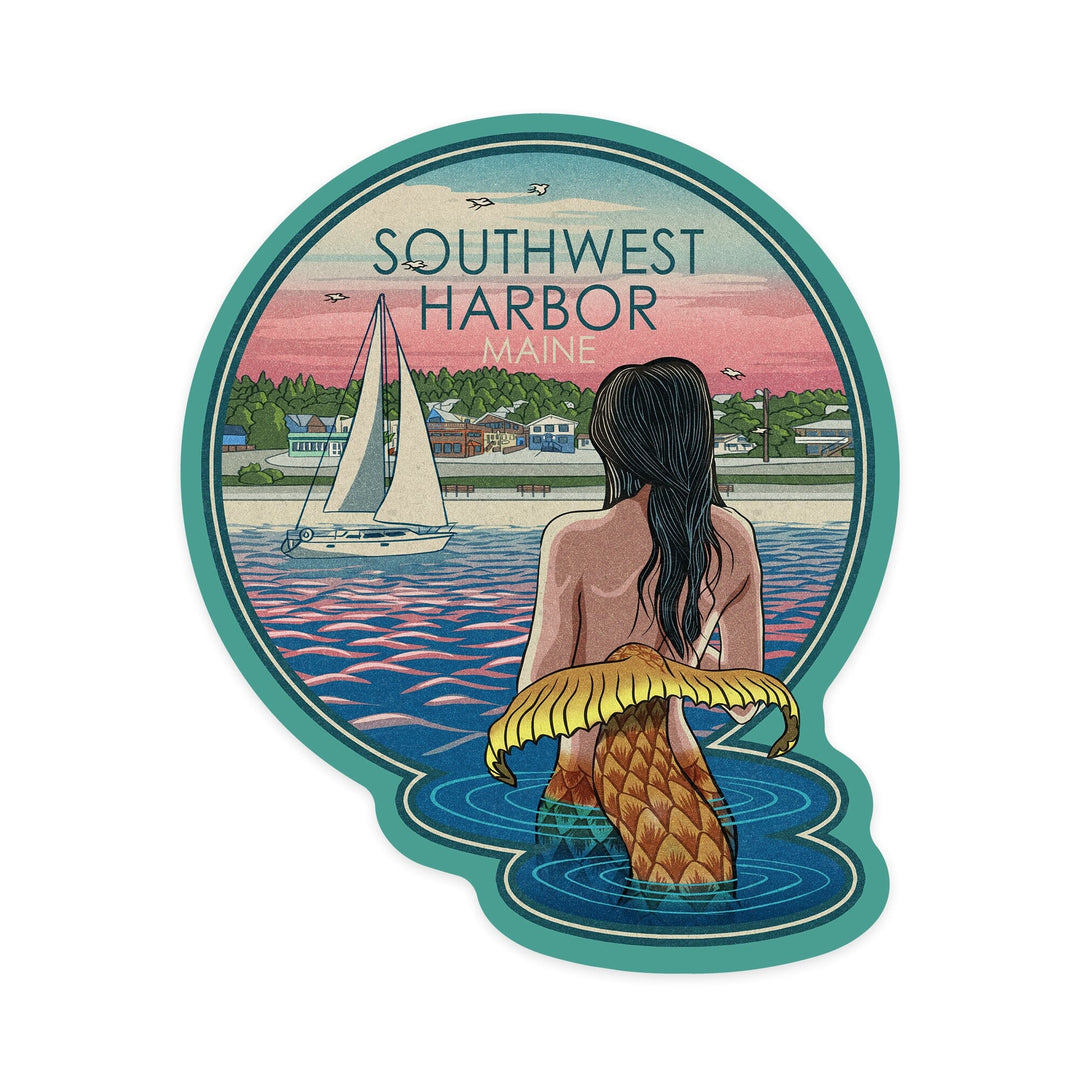 Southwest Harbor, Maine, Mermaid and Beach, Contour, Vinyl Sticker Sticker Lantern Press