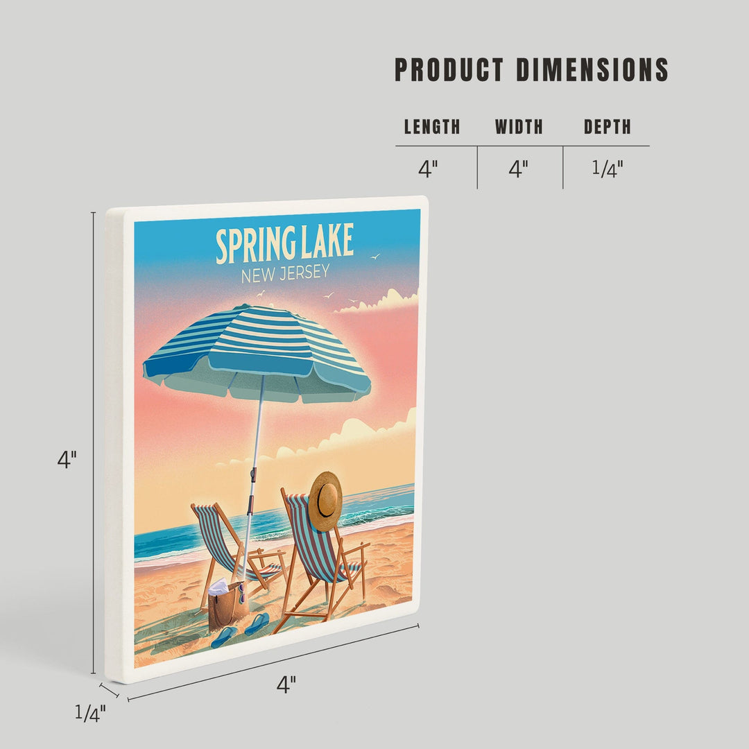 Spring Lake, New Jersey, Lithograph, Beach Chair and Umbrella, Coasters Coasters Lantern Press