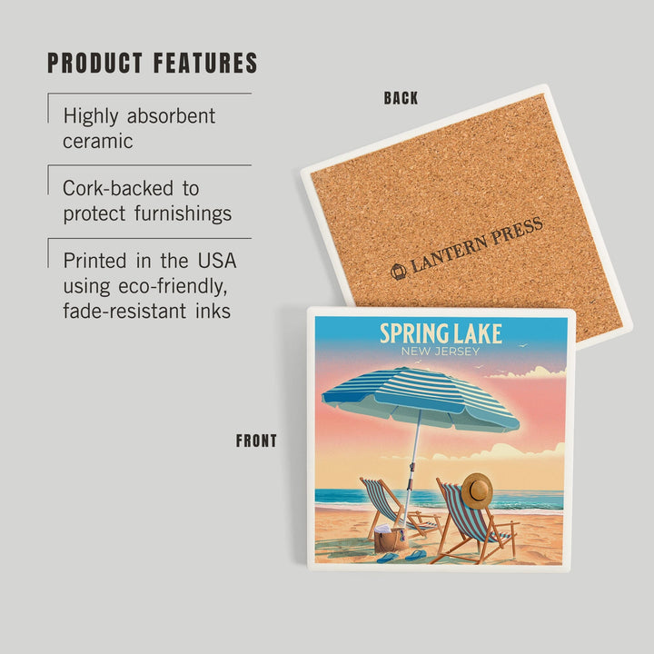 Spring Lake, New Jersey, Lithograph, Beach Chair and Umbrella, Coasters Coasters Lantern Press