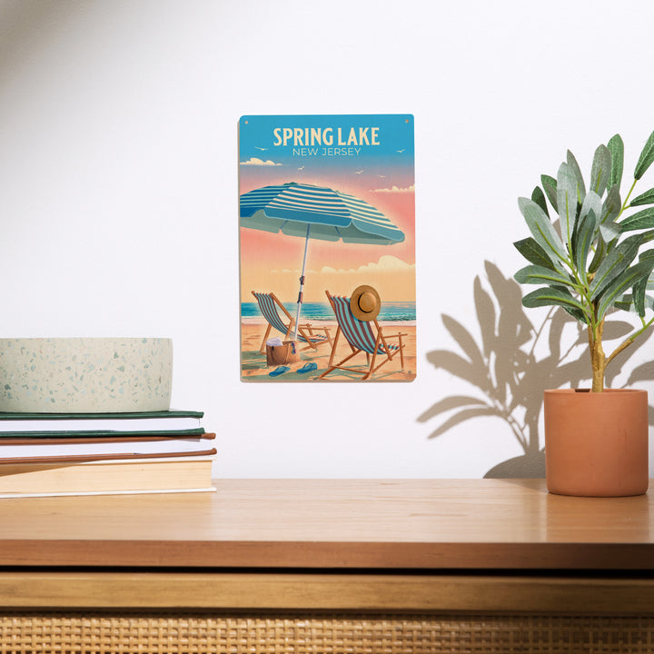 Spring Lake, New Jersey, Lithograph, Beach Chair and Umbrella, Wood Signs and Postcards Wood Lantern Press