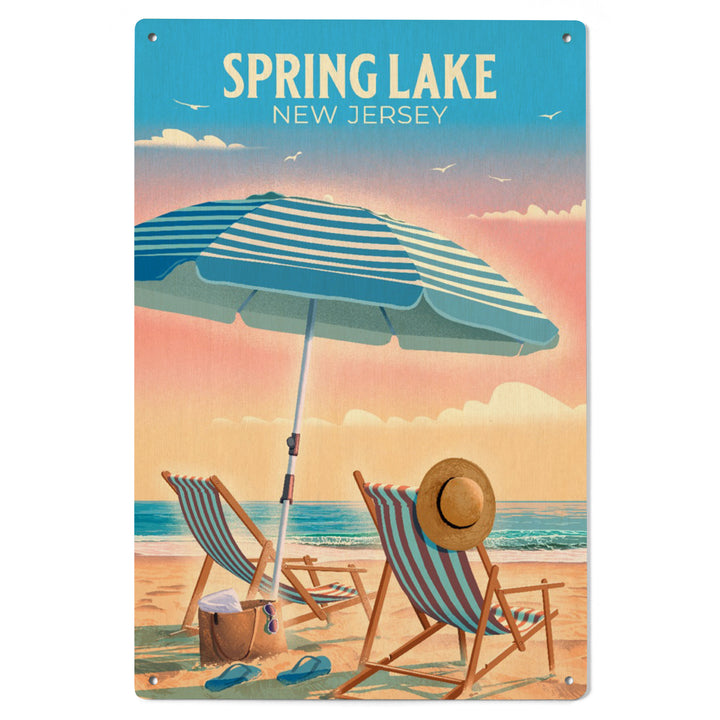 Spring Lake, New Jersey, Lithograph, Beach Chair and Umbrella, Wood Signs and Postcards Wood Lantern Press