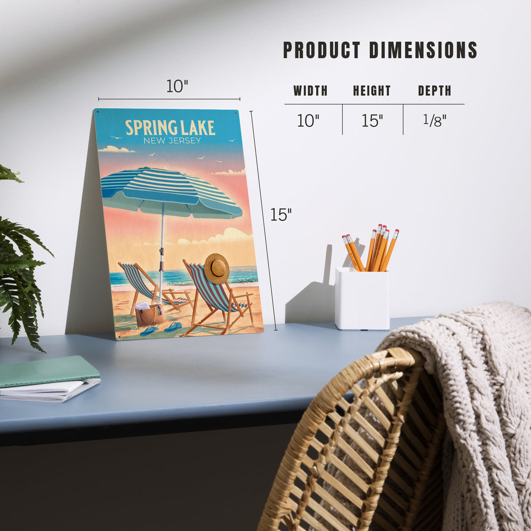 Spring Lake, New Jersey, Lithograph, Beach Chair and Umbrella, Wood Signs and Postcards Wood Lantern Press