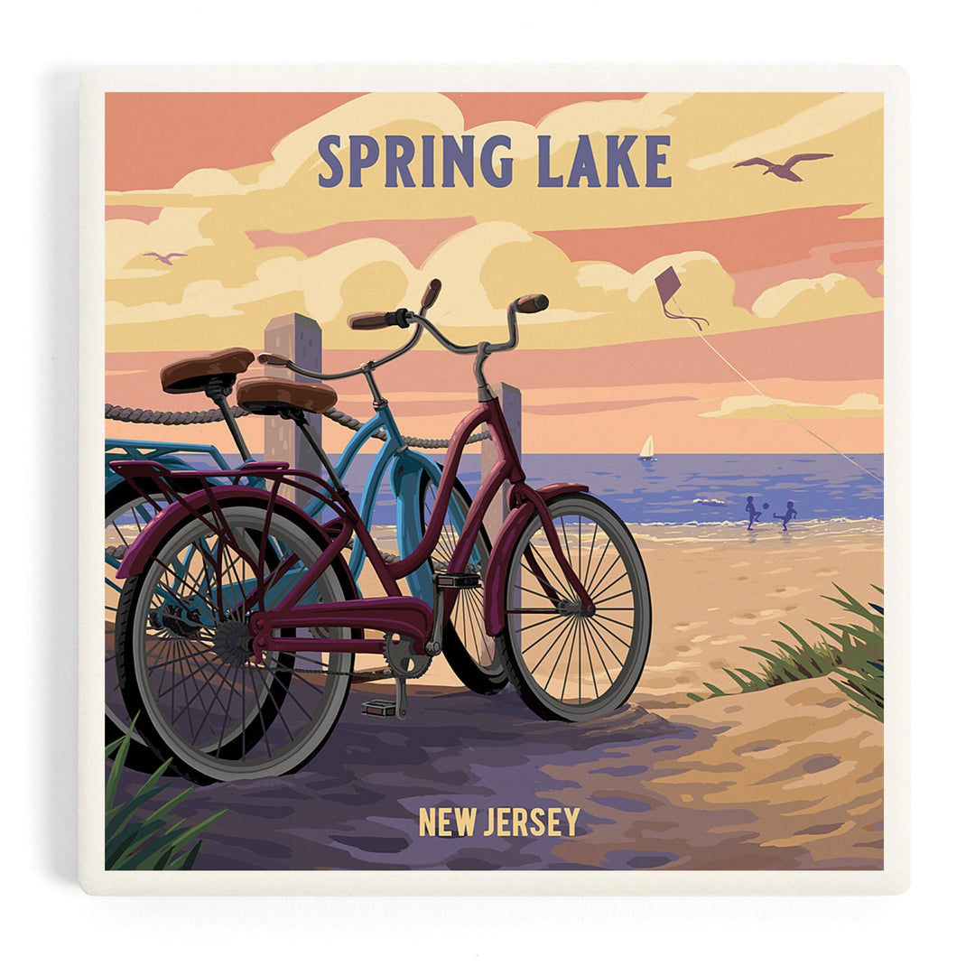 Spring Lake, New Jersey, Painterly, The Beach Is Calling, Beach Bikes, Coasters Coasters Lantern Press Coaster