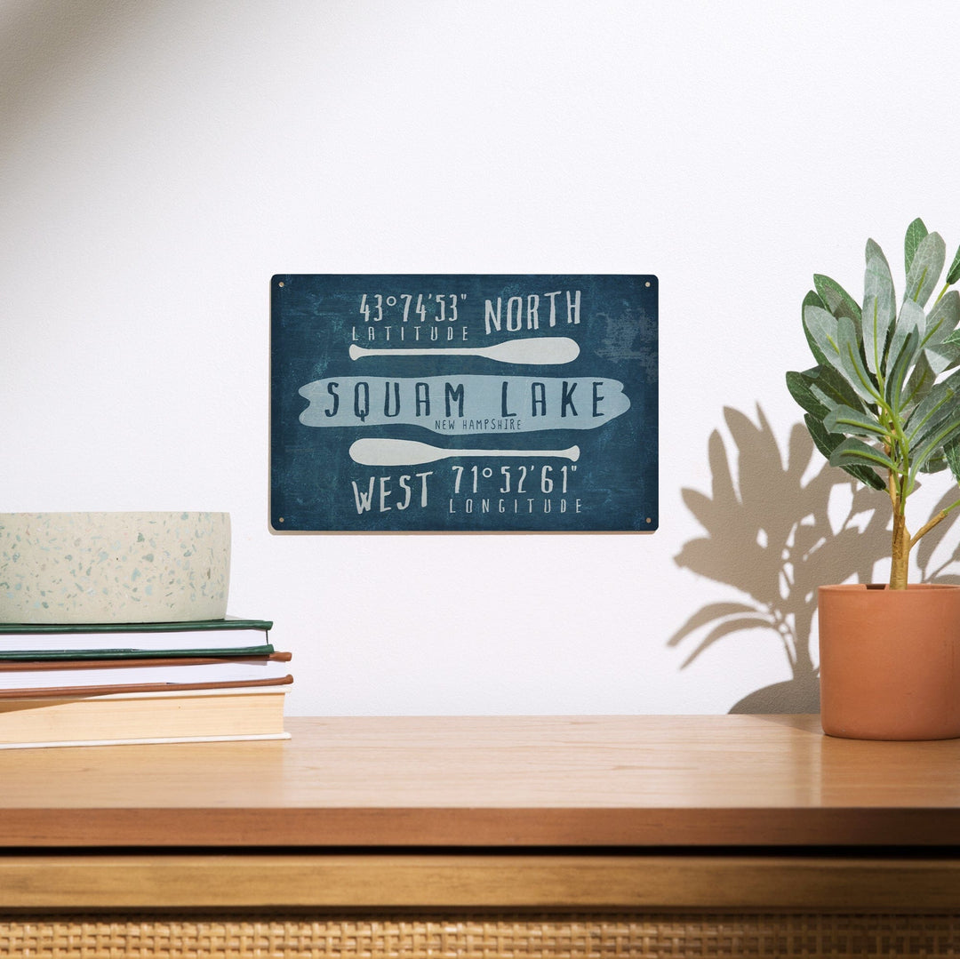 Squam Lake, New Hampshire, Lake Essentials, Latitude & Longitude, Lantern Press Artwork, Wood Signs and Postcards Wood Lantern Press