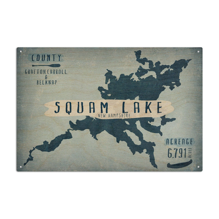 Squam Lake, New Hampshire, Lake Essentials, Shape, Acreage & County, Lantern Press Artwork, Wood Signs and Postcards Wood Lantern Press 6x9 Wood Sign