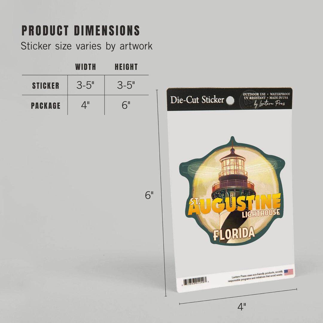 St. Augustine, Florida, Lighthouse & Moon, Contour, Lantern Press Artwork, Vinyl Sticker Sticker Lantern Press