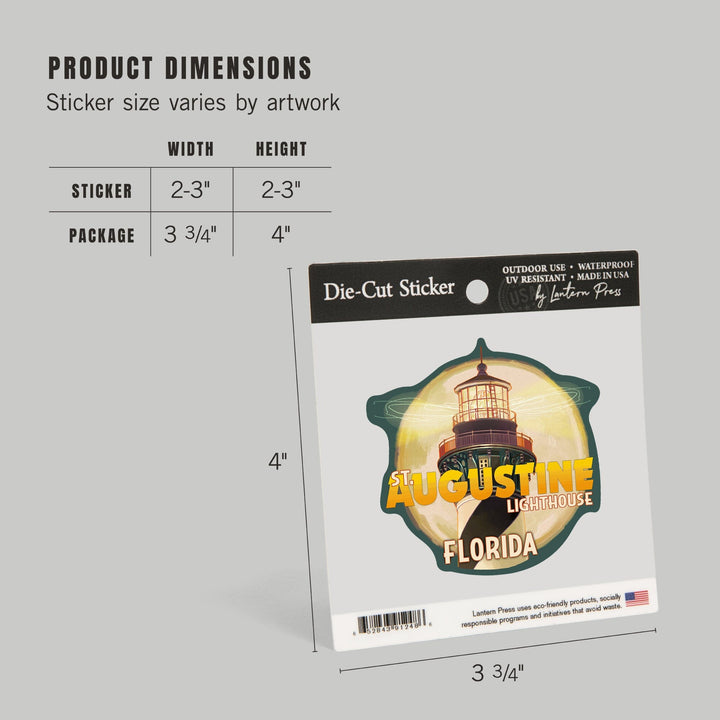 St. Augustine, Florida, Lighthouse & Moon, Contour, Lantern Press Artwork, Vinyl Sticker Sticker Lantern Press