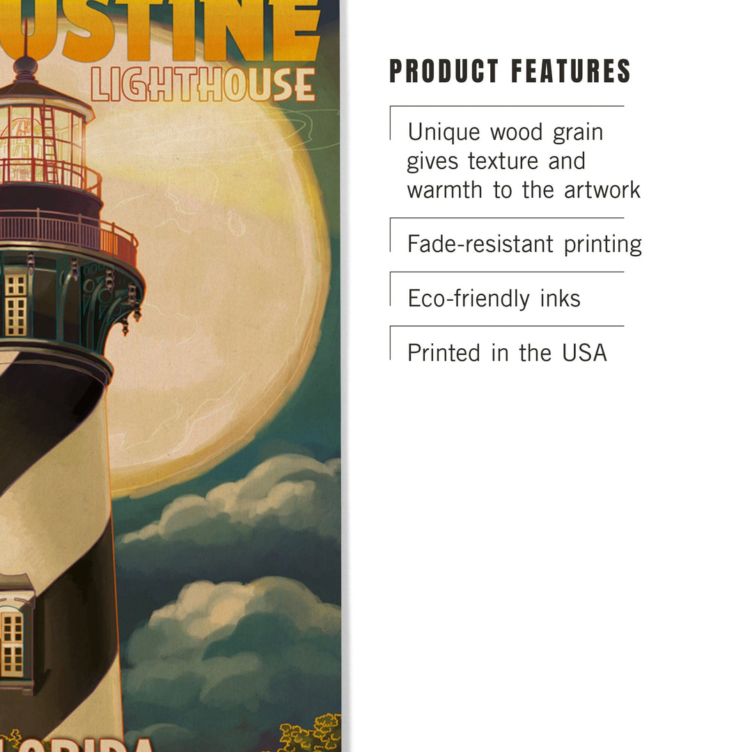 St. Augustine, Florida, Lighthouse & Moon, Lantern Press Artwork, Wood Signs and Postcards Wood Lantern Press