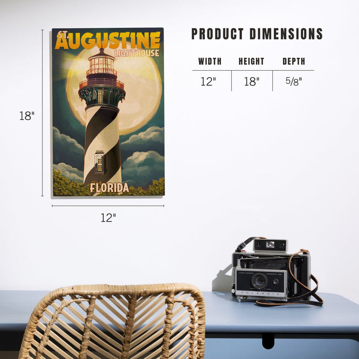 St. Augustine, Florida, Lighthouse & Moon, Lantern Press Artwork, Wood Signs and Postcards Wood Lantern Press