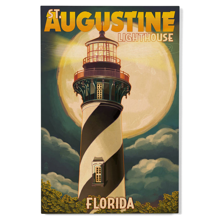 St. Augustine, Florida, Lighthouse & Moon, Lantern Press Artwork, Wood Signs and Postcards Wood Lantern Press