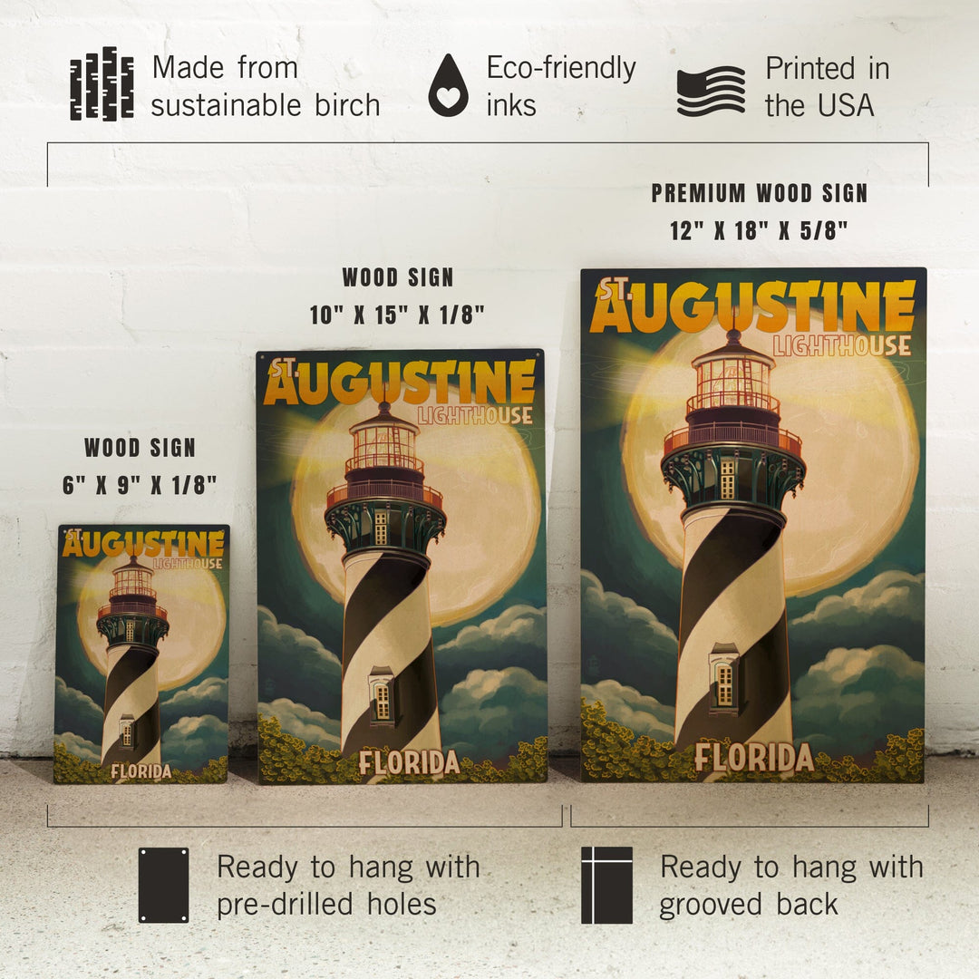 St. Augustine, Florida, Lighthouse & Moon, Lantern Press Artwork, Wood Signs and Postcards Wood Lantern Press