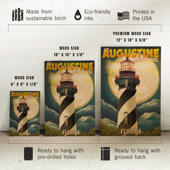 St. Augustine, Florida, Lighthouse & Moon, Lantern Press Artwork, Wood Signs and Postcards Wood Lantern Press