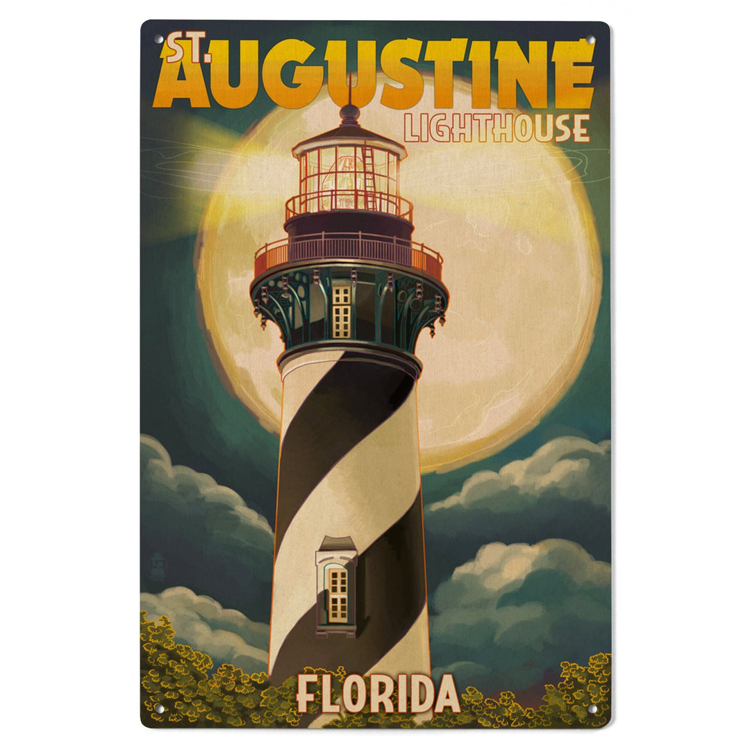 St. Augustine, Florida, Lighthouse & Moon, Lantern Press Artwork, Wood Signs and Postcards Wood Lantern Press