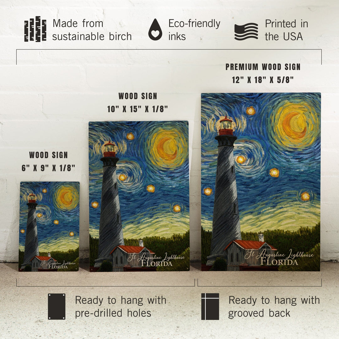 St. Augustine, Florida, Lighthouse, Starry Night, Lantern Press Artwork, Wood Signs and Postcards Wood Lantern Press