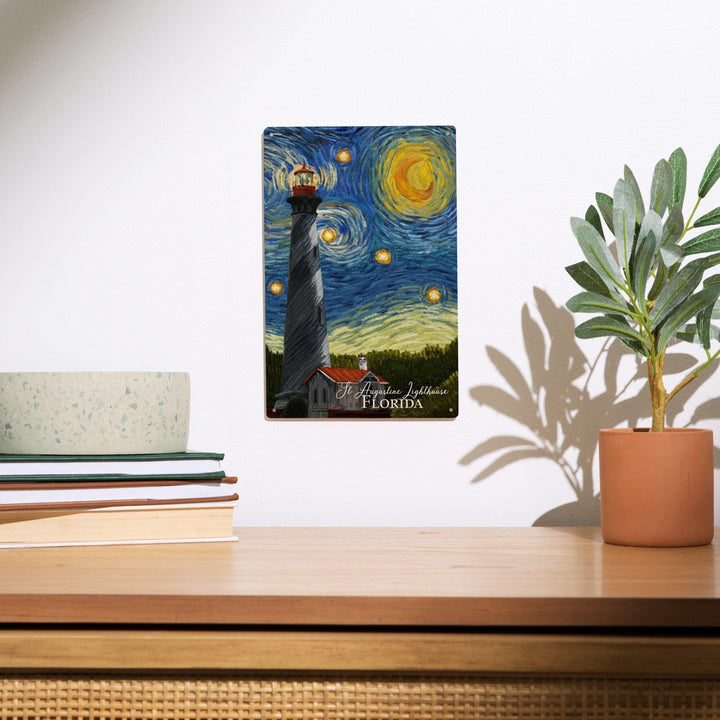 St. Augustine, Florida, Lighthouse, Starry Night, Lantern Press Artwork, Wood Signs and Postcards Wood Lantern Press