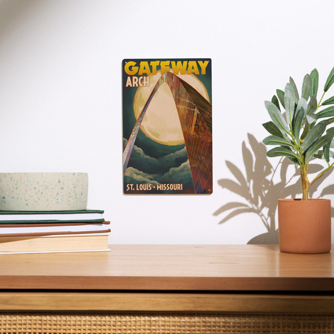 St. Louis, Missouri, Gateway Arch and Moon, Lantern Press Artwork, Wood Signs and Postcards Wood Lantern Press