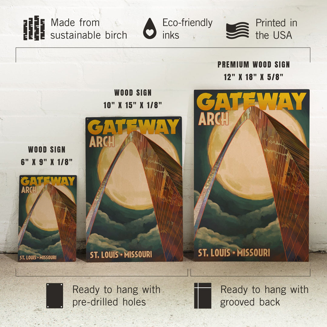 St. Louis, Missouri, Gateway Arch and Moon, Lantern Press Artwork, Wood Signs and Postcards Wood Lantern Press