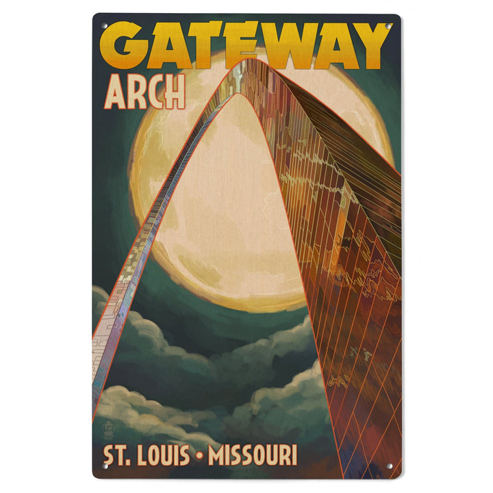 St. Louis, Missouri, Gateway Arch and Moon, Lantern Press Artwork, Wood Signs and Postcards Wood Lantern Press