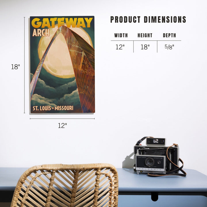 St. Louis, Missouri, Gateway Arch and Moon, Lantern Press Artwork, Wood Signs and Postcards Wood Lantern Press