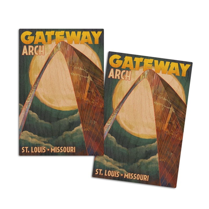 St. Louis, Missouri, Gateway Arch and Moon, Lantern Press Artwork, Wood Signs and Postcards Wood Lantern Press 4x6 Wood Postcard Set