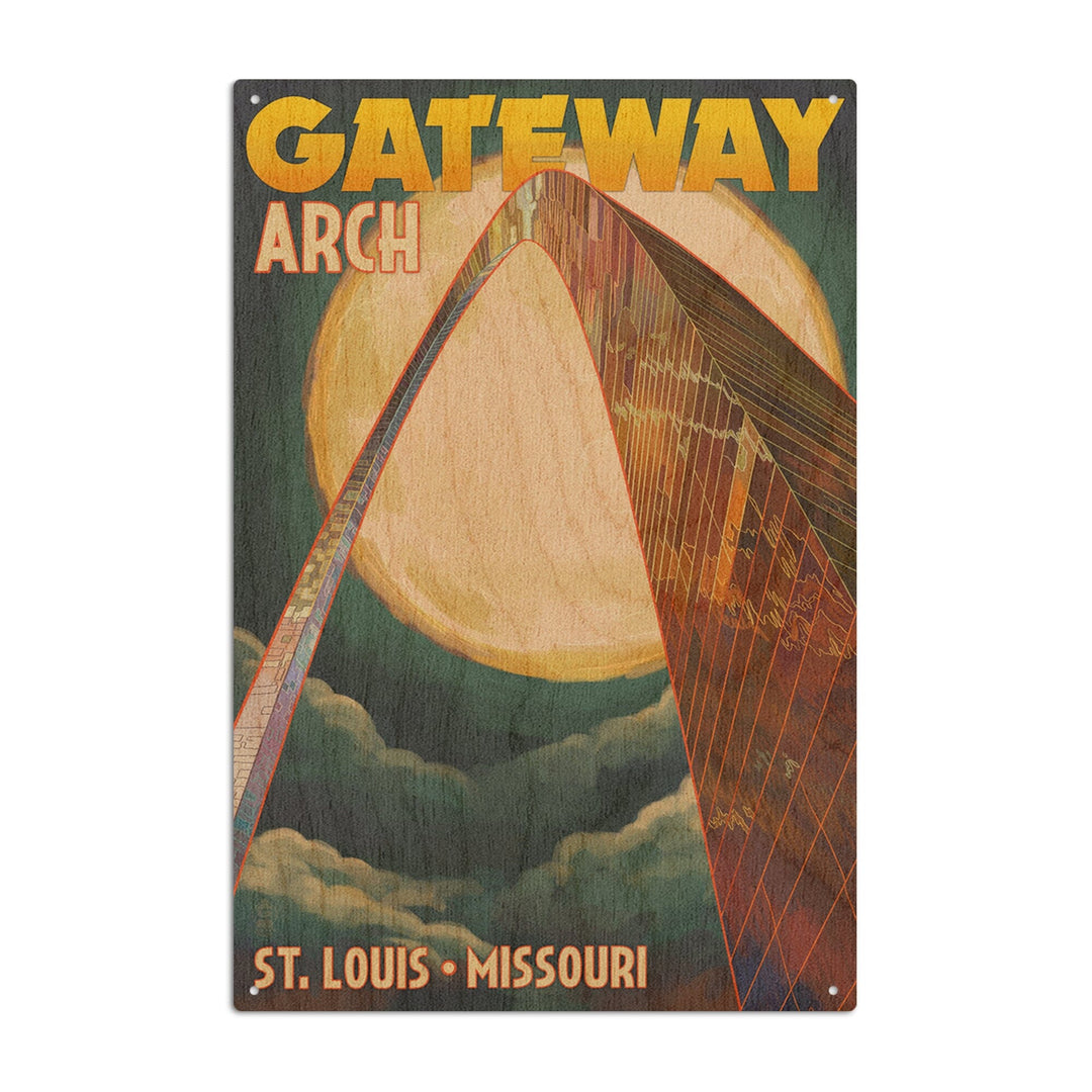 St. Louis, Missouri, Gateway Arch and Moon, Lantern Press Artwork, Wood Signs and Postcards Wood Lantern Press 6x9 Wood Sign
