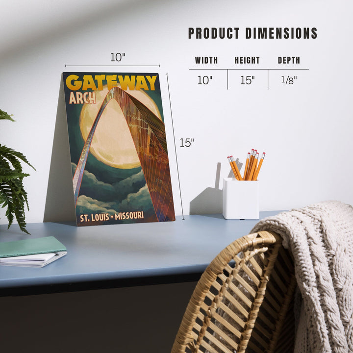 St. Louis, Missouri, Gateway Arch and Moon, Lantern Press Artwork, Wood Signs and Postcards Wood Lantern Press
