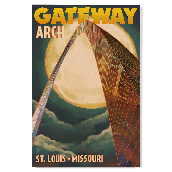 St. Louis, Missouri, Gateway Arch and Moon, Lantern Press Artwork, Wood Signs and Postcards Wood Lantern Press