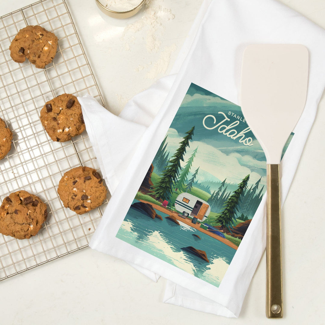Stanley, Idaho, Outdoor Activity, At Home Anywhere, Camper in Evergreens, Organic Cotton Kitchen Tea Towels Kitchen Lantern Press
