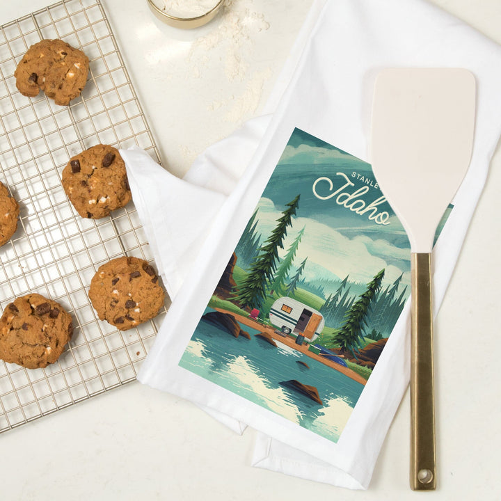 Stanley, Idaho, Outdoor Activity, At Home Anywhere, Camper in Evergreens, Organic Cotton Kitchen Tea Towels Kitchen Lantern Press