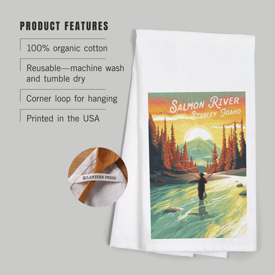 Stanley, Idaho, Salmon River, This is Living, Fishing with Mountain, Organic Cotton Kitchen Tea Towels Kitchen Lantern Press