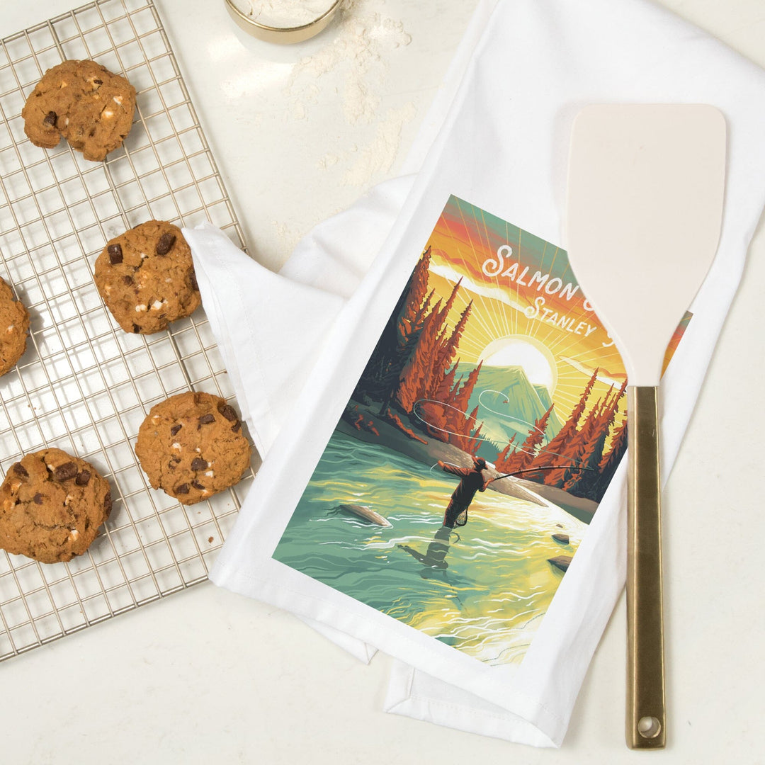 Stanley, Idaho, Salmon River, This is Living, Fishing with Mountain, Organic Cotton Kitchen Tea Towels Kitchen Lantern Press