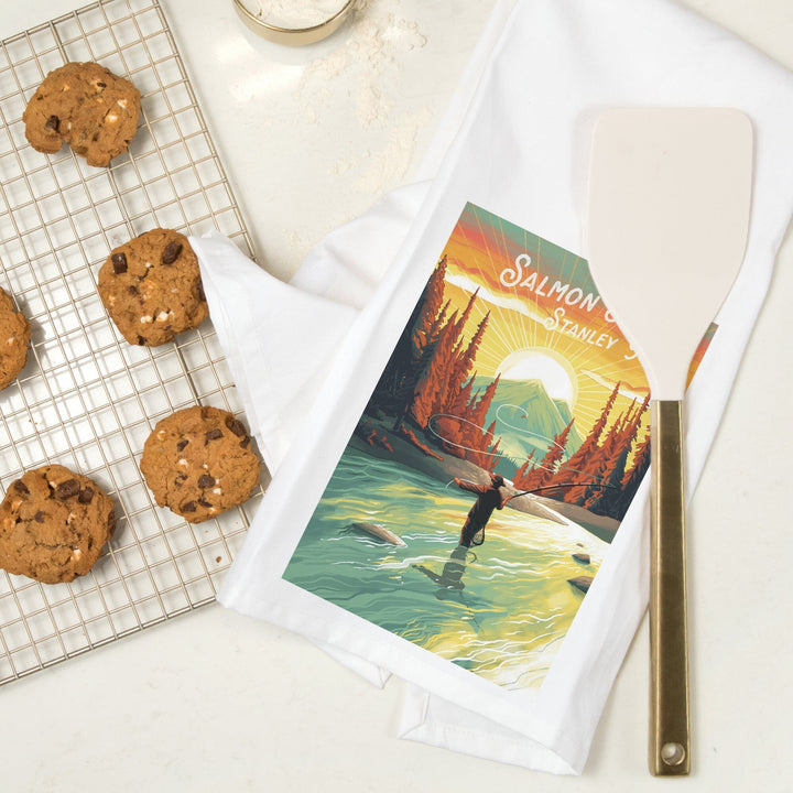 Stanley, Idaho, Salmon River, This is Living, Fishing with Mountain, Organic Cotton Kitchen Tea Towels Kitchen Lantern Press