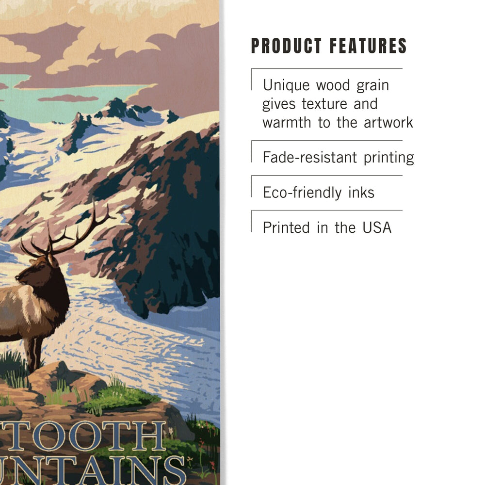 Stanley, Idaho, Sawtooth Mountain, Elk & Snowy Mountain, Lantern Press Artwork, Wood Signs and Postcards Wood Lantern Press