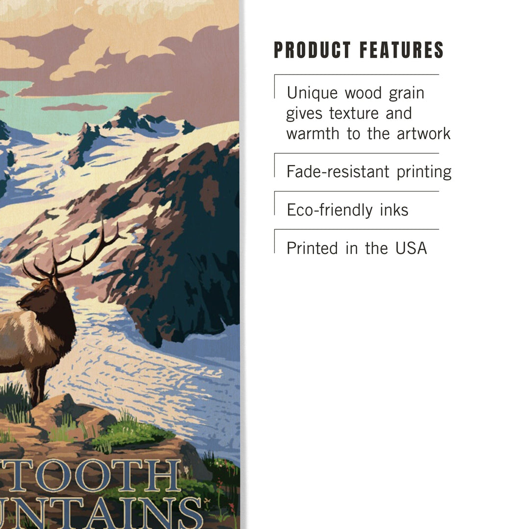 Stanley, Idaho, Sawtooth Mountain, Elk & Snowy Mountain, Lantern Press Artwork, Wood Signs and Postcards Wood Lantern Press