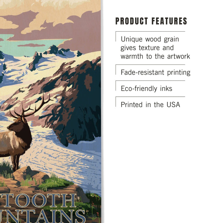 Stanley, Idaho, Sawtooth Mountain, Elk & Snowy Mountain, Lantern Press Artwork, Wood Signs and Postcards Wood Lantern Press