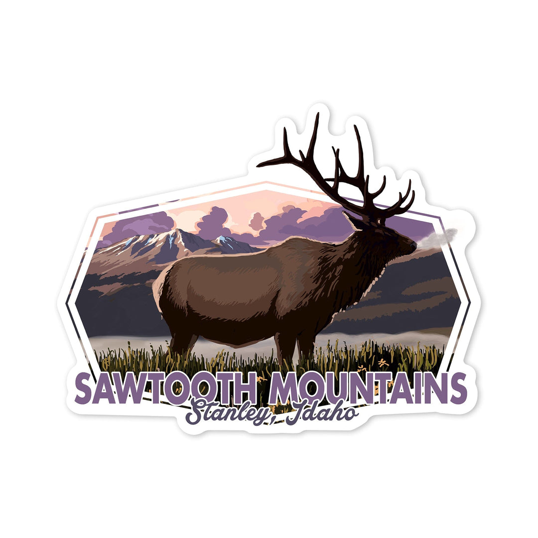 Stanley, Idaho, Sawtooth Mountains, Elk & Sunset, Contour, Lantern Press Artwork, Vinyl Sticker Sticker Lantern Press