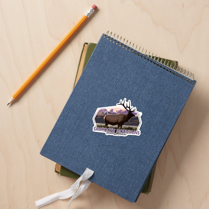 Stanley, Idaho, Sawtooth Mountains, Elk & Sunset, Contour, Lantern Press Artwork, Vinyl Sticker Sticker Lantern Press