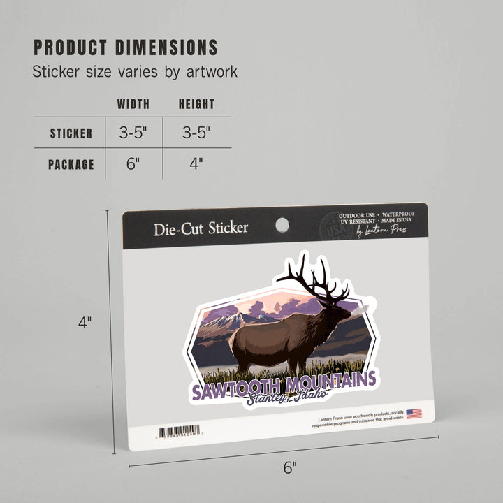 Stanley, Idaho, Sawtooth Mountains, Elk & Sunset, Contour, Lantern Press Artwork, Vinyl Sticker Sticker Lantern Press