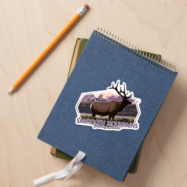 Stanley, Idaho, Sawtooth Mountains, Elk & Sunset, Contour, Lantern Press Artwork, Vinyl Sticker Sticker Lantern Press