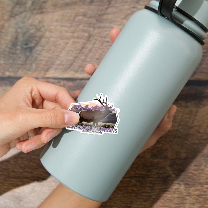 Stanley, Idaho, Sawtooth Mountains, Elk & Sunset, Contour, Lantern Press Artwork, Vinyl Sticker Sticker Lantern Press