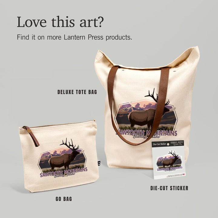 Stanley, Idaho, Sawtooth Mountains, Elk & Sunset, Contour, Lantern Press Artwork, Vinyl Sticker Sticker Lantern Press