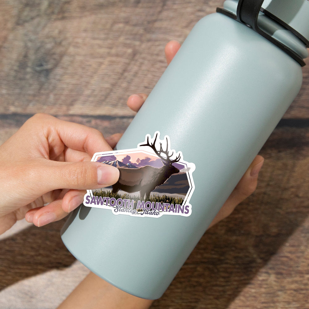 Stanley, Idaho, Sawtooth Mountains, Elk & Sunset, Contour, Lantern Press Artwork, Vinyl Sticker Sticker Lantern Press