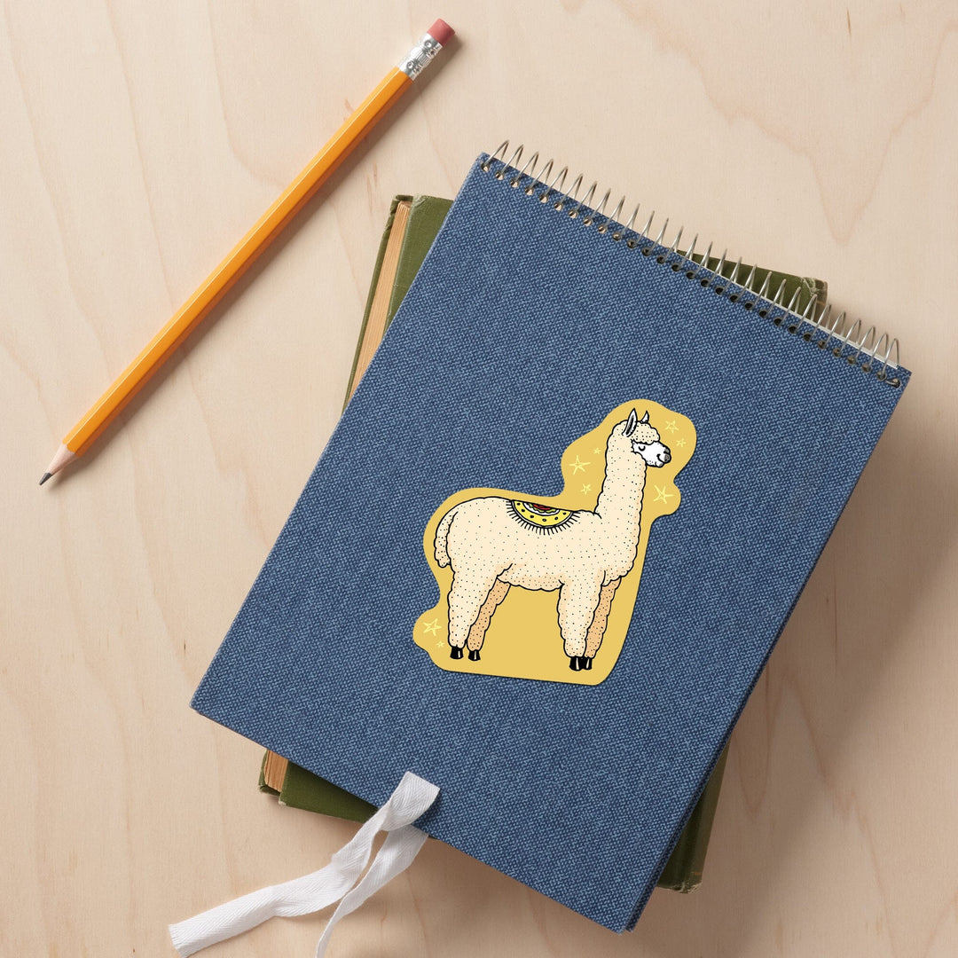Starry Alpaca, Vector Doodle, Contour, Artwork, Vinyl Sticker Sticker Lantern Press