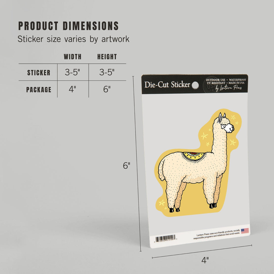 Starry Alpaca, Vector Doodle, Contour, Artwork, Vinyl Sticker Sticker Lantern Press